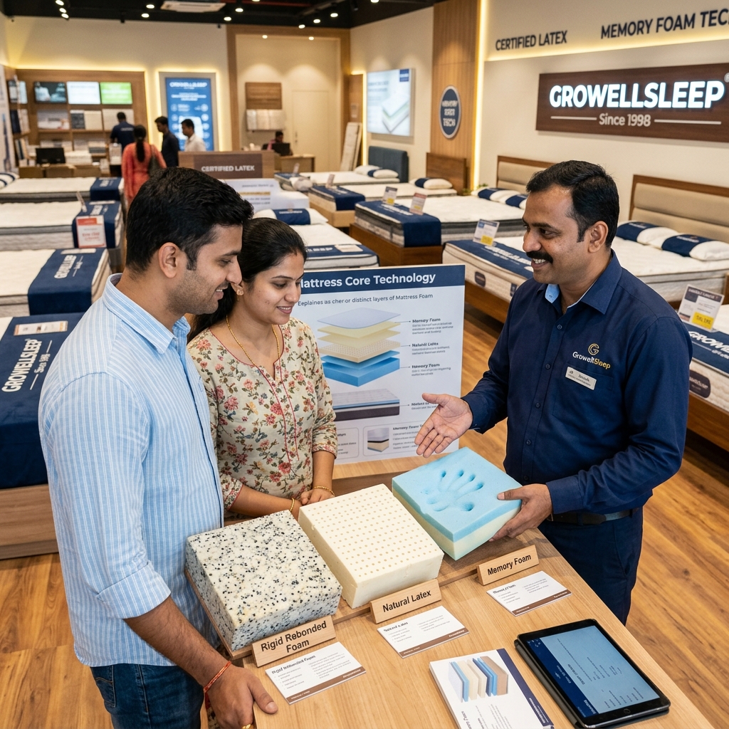 GROWELLSLEEP specialist Manoj demonstrating rigid rebonded foam base to Rajesh and Priya in Trichy showroom